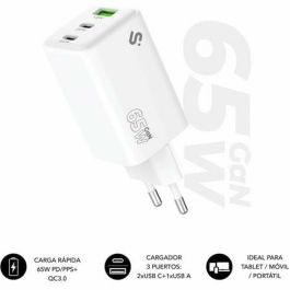 Subblim SUBCHG-6G6530 Cargador GaN de Pared 65W con 2 USB-C (PD 3.0) y 1 USB-A (QC 3.0) Carga Rápida 3 Dispositivos Simultáneos Universal Blanco