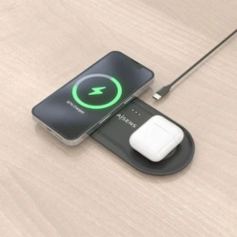 AISENS ASCH-15W2WC060-BK Cargador Inalámbrico 2 en 1 15W para Móvil y Auriculares, Carga Rápida Qi, Doble Zona, USB-C, Negro