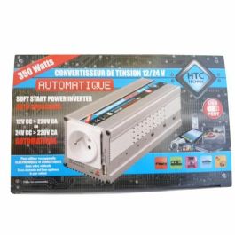 HTC Inversor de Corriente Automático para Vehículo 12/24V a 220/240V, 350W, con Salida USB 2.1A, Alarma de Batería Baja