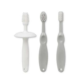 KioKids Set Higiene Bucal Evolutivo Bebé, 3 Cepillos Dentales Silicona y Nylon con Tope, Gris, +0 Meses