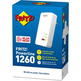 AVM FRITZ! Powerline 1260E Adaptador PLC 1200 Mbit/s con Puerto Gigabit Ethernet y WiFi, Enchufe Integrado Blanco