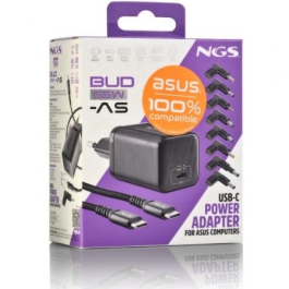 NGS BUD65W-AS Cargador GaN Portátil 65W USB Tipo-C Automático 8 Conectores Voltaje 5-20V para Asus
