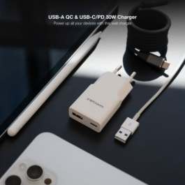 Nano Cable 10.10.2028 Cargador de Pared USB-C PD 30W + USB-A QC 30W Blanco