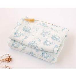KioKids Muselina Bambú Algodón Estampado Aviones Azul 120x120 cm, 70% Bambú 30% Algodón, 140 gr, para Bebé +0 Meses