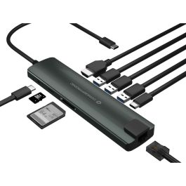 Conceptronic Adaptador USB Tipo C a HDMI, Ethernet, USB 3.2 y Lector de Tarjetas SD/MicroSD, Aluminio Negro/Plata