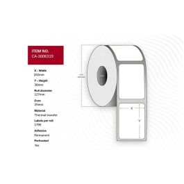 Capture Label 102 x 38mm, Core 25mm, Thermal Transfer, Coated, Permanent, Perforated, 1790 labels per roll, 12 rolls per box. Equal to p/n: 3006319 Precio: 129.59000054. SKU: B1FP3SXQV2