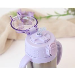 KioKids Botella Conejito Acero Inoxidable Con Asas Lavanda 280 mL para Bebés +6 Meses