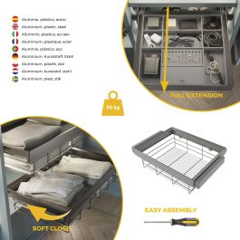Emuca Kit de cajón de alambre y bastidor regulable Quartz para armarios, guías de cierre suave y extracción total, Módulo 70cm, Acabado Titanio