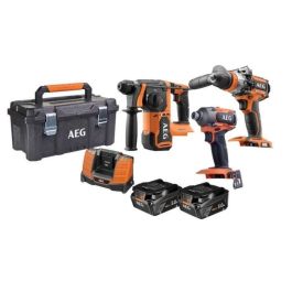 Pack taladro de percusión + destornillador de impacto + taladro percutor - AEG POWERTOOLS - En caja de herramientas con baterías y cargador