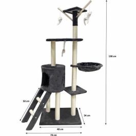 JIPSY Rascador para gatos gris oscuro 79 x 34 x 138 cm - 3 plataformas, 1 percha, 1 perrera, 1 escalera, postes rascadores