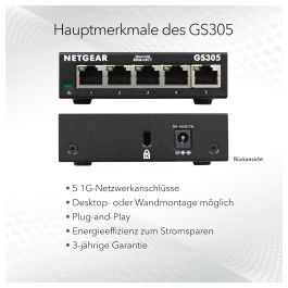 Netgear GS305v3 Switch Gigabit Ethernet 5 Puertos RJ-45 10/100/1000Mbps Metal EU MODEL