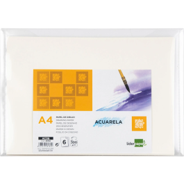 Liderpapel Papel Acuarela 300g/m2 210x297mm Blanco Tono Crema Grano Medio Pack 6 Hojas