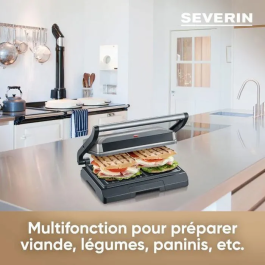 Severin KG2394 Parrilla Multifunción Compacta: Carne, Paninis, Verduras - Placas Antiadherentes 23x14.5 cm - 800W