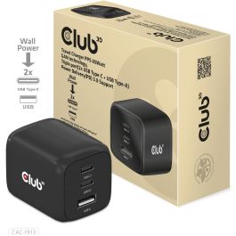 Club3D Cargador de viaje PPS GaN 65W, 2x USB-C + 1x USB-A, Carga Rápida PD 3.0 para Móviles y Portátiles, Negro