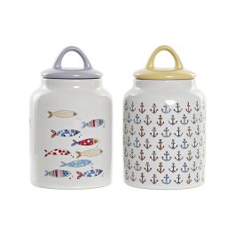 DKD Home Decor Bote Mediterráneo de Gres (2 Unidades) 2L apto microondas y lavavajillas, Multicolor Blanco 11x19x11 cm