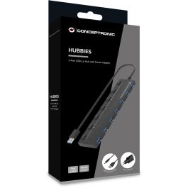 Conceptronic HUBBIES19BP Hub USB 3.2 de 7 Puertos 5 Gbps con Adaptador de Corriente