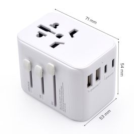 Ewent EW1470 Adaptador de Viaje Universal para 224+ Países con 2 USB y 3 USB-C Carga Multi-Dispositivo Alta Potencia Blanco