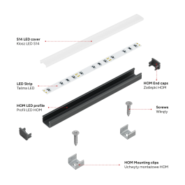 KIMERA Perfil Aluminio HOM Anodizado Negro con Difusor Opal, Tapones y Clips Sujección 2,02M
