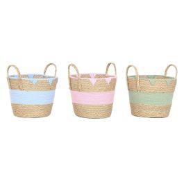 DKD Home Decor Cesta Kids de Seagrass y Algodón Rosa Verde Azul Natural 36 x 37 x 36 cm (3 Unidades)