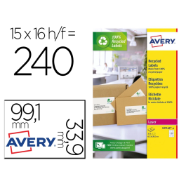 Avery Etiquetas Adhesivas Blancas Permanentes Recicladas 100% Láser 99,1x33,9 mm Caja 240 Unidades Precio: 10.78999955. SKU: B1JPRMRNHH