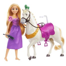Mattel Hlw23 Muñeca Rapunzel con rodillas flexibles y Caballo Maximus con silla y brida, incluye Figura Pascal Disney Enredados +3 años