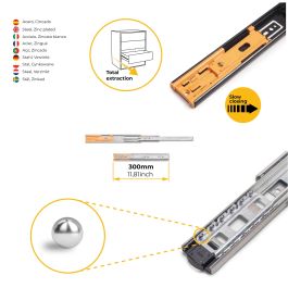Emuca Juego de guías de bolas para cajones con extracción total y cierre suave, altura 45mm, logitud 300mm, Acero, Cincado