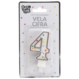 Party Time Vela Aniversario Número 4 para Tarta, Decoración Círculos y Estrellas, con Pincho Plástico 9,5 cm