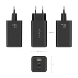 AISENS ASCH-100W3P052-BK Cargador GaN 100W 3 Puertos (2 USB-C, 1 USB-A) Carga Rápida Power Delivery Universal Negro