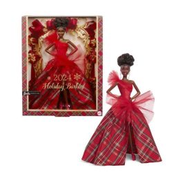 Barbie HRM62 Muñeca Colección Feliz Navidad Cabello Castaño, Vestido Rojo de Satén con Falda Cuadros y Lazo Grande Precio: 70.89000017. SKU: B13M4NJ4C5