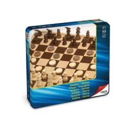 Juego ajedrez y damas de madera en caja de metal 25,5x25,5 cm Juego ajedrez y damas de madera en caja de metal 25,5x25,5 cm