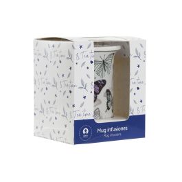 DKD Home Decor Mug para Infusiones Shabby de Porcelana y Acero Inoxidable Multicolor Lila con Mariposas 280ml Apto Microondas y Lavavajillas 11 x 8.5 x 11 cm