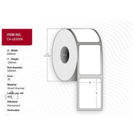 Capture Label 100 x 150 Core 25 Ø 104 mm. White. DT. Permanent. 400 labels per roll. 16 rolls per box. Precio: 365.98999954. SKU: B13CKGX2EY
