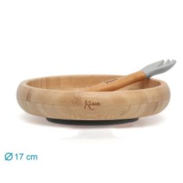 Set Vajilla Silicona Y Bambú Gris Con Cuchara-Tenedor Set Vajilla Silicona Y Bambú Gris Con Cuchara-Tenedor