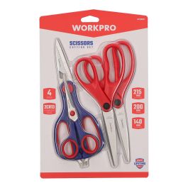Workpro Juego de 4 tijeras de acero inoxidable, filo multipropósito, agarre moldeado, azul y rojo