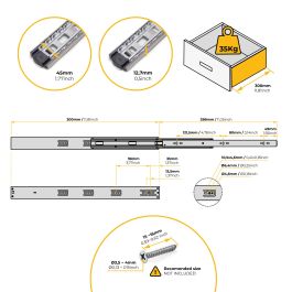 Emuca Lote de 5 juegos de guías para cajones, de bolas, altura 45mm, profundidad 300mm, extracción total, cierre suave, Cincado