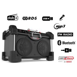 PerfectPro ROCKHART 18V Baustellenradio - Radio de obra digital con DAB+/FM, Bluetooth 5.2, NFC, 60W, 4 altavoces, resistente a golpes y agua (IP44), Negro/Rojo
