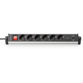 Digitus Regleta 6 Tomas con 2 USB-A, 1 USB-C y Interruptor - Negro/Plateado