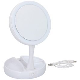 Grundig Espejo con Aumento LED Plegable, Ángulo Ajustable, 21 Leds, 3 Compartimentos, Funciona con Pilas/USB, Blanco 16x16x29 cm