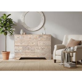 Giner y Colomer Cómoda de Madera de Mango con 14 Cajones y Diseño Tallado a Mano Blanco Decapé