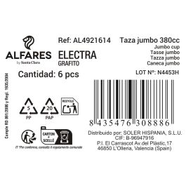 Inde Taza Jumbo Electra Grafito, Taza Grande 400 cc, 11,5 cm Ancho x 7,8 cm Alto x 14,5 cm Largo (36 Unidades)