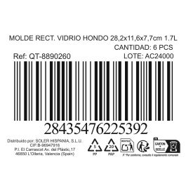 Molde rectangular de vidrio hondo Quttin 28.2 x 11.6 x 7.7 cm 1.7L (6 Unidades) Molde rectangular de vidrio hondo Quttin 28.2 x 11.6 x 7.7 cm 1.7L (6 Unidades)