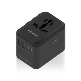 AISENS - ADAPTADOR ENCHUFE UNIVERSAL PARA VIAJE EU/USA/UK/AU CON CARGADOR USB GaN, 2xUSB-A QC3.0, 2xUSB-C PD3.0 25W, NEGRO Precio: 14.88999985. SKU: B1CXATJKDR