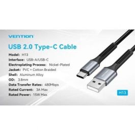 Cable USB Tipo-C Vention H13BF/ USB Macho - USB Tipo-C Macho/ 15W/ 480Mbps/ 1m/ Negro