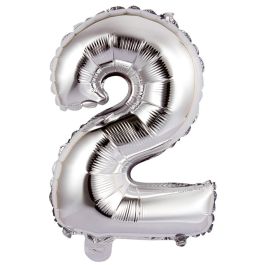 Party Time Globo de Cifra 2 Plata 35 cm Reutilizable para Aniversarios y Cumpleaños, Hinchable con Aire o Helio