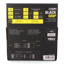 Edm Linterna Táctica LED Black Grip 150 lm, 3W, Zoom, Aluminio Negro, Pilas AAA Incluidas
