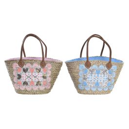 DKD Home Decor Capazo Bolso Mediterráneo Seagrass Azul Rosa Surtido con Cremallera 56x27x30 cm Pack 4 Unidades