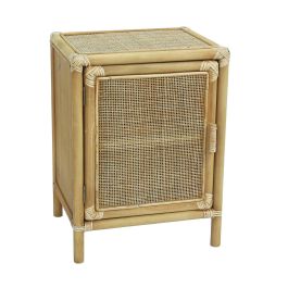 DKD Home Decor Mesita Auxiliar de Abeto y Ratán Tropical con 1 Puerta y 1 Estante Marrón Claro 46x35x60 cm