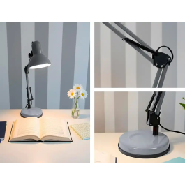 Q-connect Lámpara de Escritorio Polaris Metálica con Interruptor, Brazo Doble y 3 Articulaciones, Color Plata