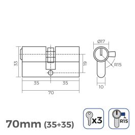Cilindro 70mm (35+35mm) niquelado, leva larga r15 con 3 llaves de serreta incluidas Cilindro 70mm (35+35mm) niquelado, leva larga r15 con 3 llaves de serreta incluidas