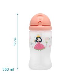 KioKids Botella de Agua para Bebé con Pajita de Silicona Antiahogo, Apertura Deslizante, 350ml Rosa, +6 meses, Polipropileno y Silicona, Sin BPA